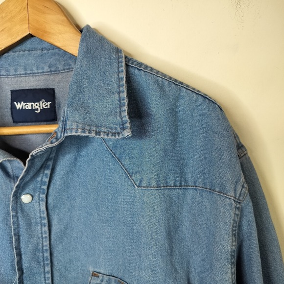 Wrangler Cowboy Cut Western Work Shirt Classic Fit Pearl Snap Denim - Picture 7 of 12